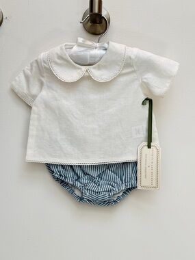 Classic White Peter Pan Collar Top with Blue Striped Bloomers
